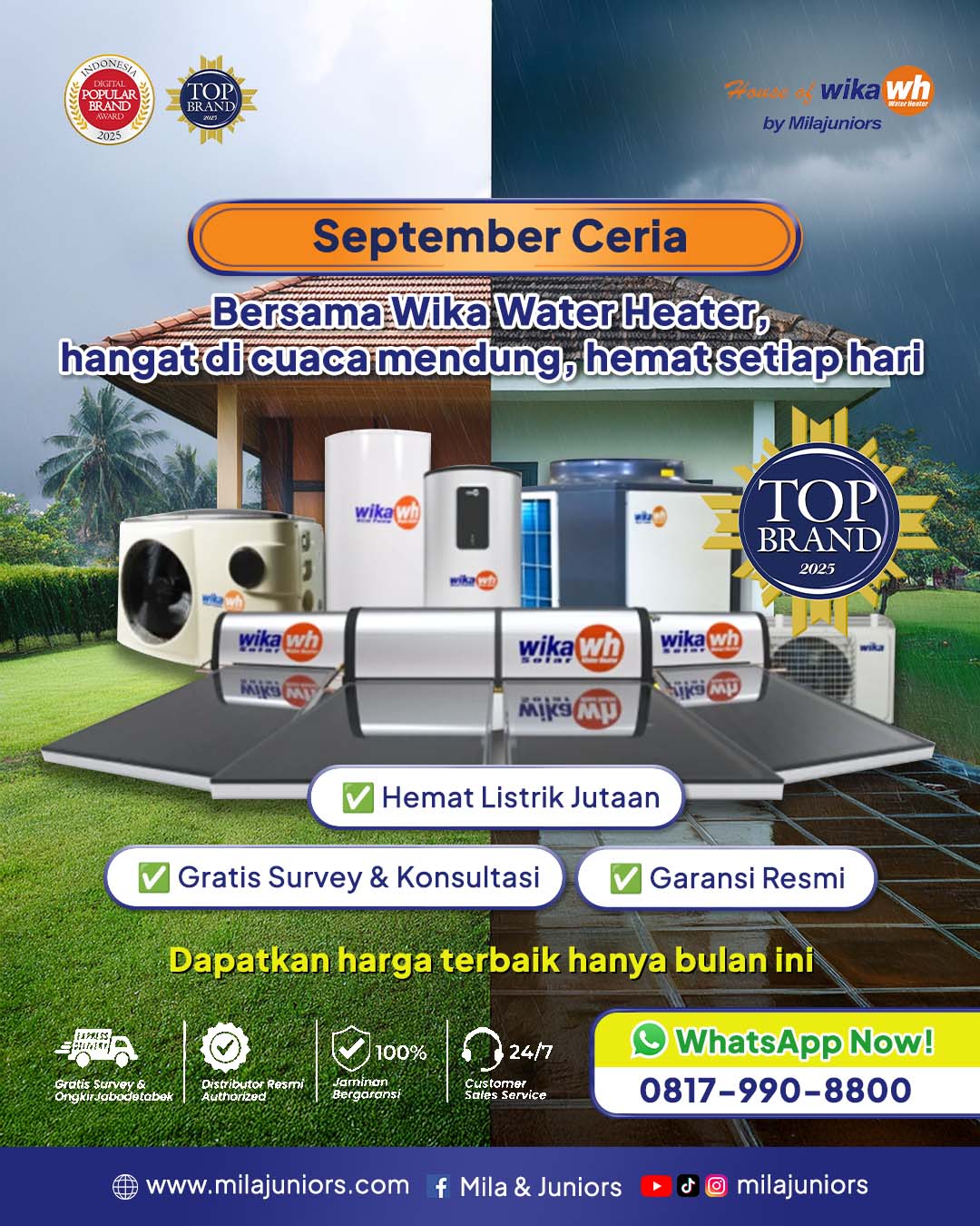 Desain promo September Cerita Milajuniors menampilkan water heater modern dengan nuansa hangat, suasana mendung, dan tagline hemat energi seperti matahari. Visual menggambarkan kenyamanan mandi air hangat di rumah bersama keluarga